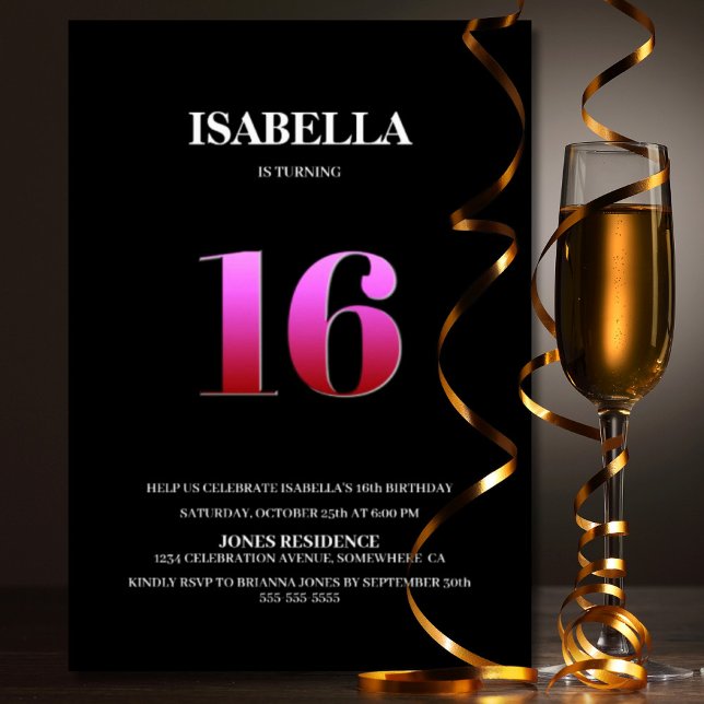 Convites Festa de aniversário Mínima Preta e Rosa 16 (Criador carregado)