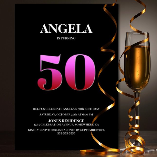 Convites Festa de aniversário Mínima Preta e Rosa 50 (Criador carregado)