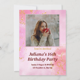 Convites Festa de aniversário Mínima Rosa com fotografia