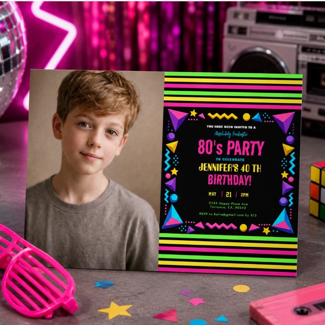 Convites Festa de Aniversário Modern Retro Neon 80 (Modern Retro Neon 80's Birthday Party Invitation)