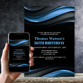Convites Festa de Aniversário Moderna Preta e Azul para Qua