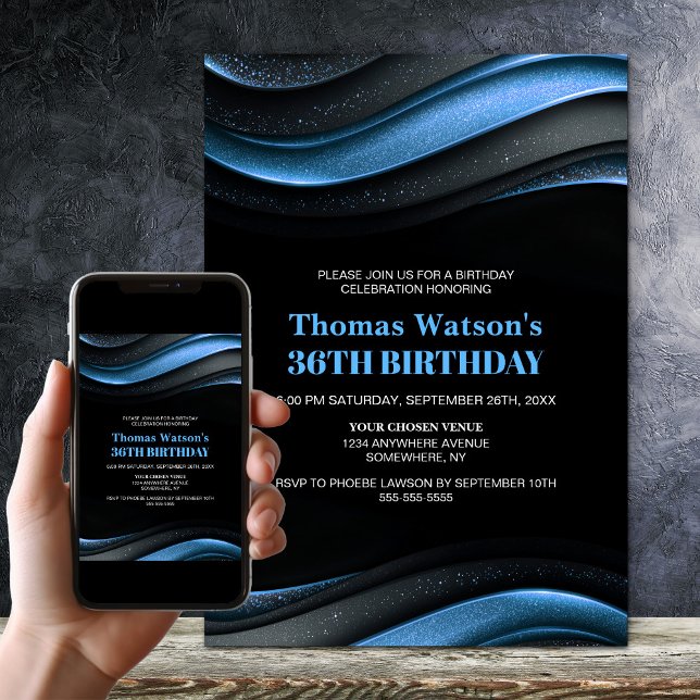 Convites Festa de Aniversário Moderna Preta e Azul para Qua (Criador carregado)