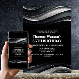 Convites Festa de Aniversário Moderna Preta e Prata para Qu