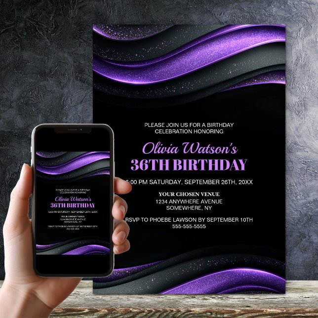 Convites Festa de Aniversário Moderna Preta e Roxa para Qua (Criador carregado)