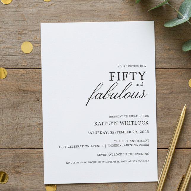 Convites Festa de Aniversário Moderno Simples Preto 50 e Fa (modern elegant typography fifty and fabulous 50th birthday party invitation simple)