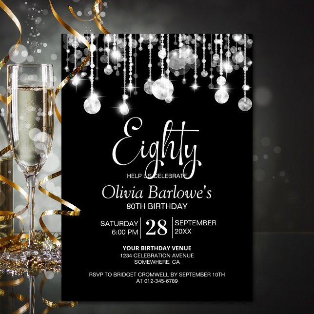 Convites Festa de aniversário na moda 80 branco preto (Criador carregado)
