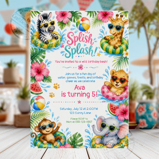 Convites Festa de Aniversário na Piscina com Animais da Sel