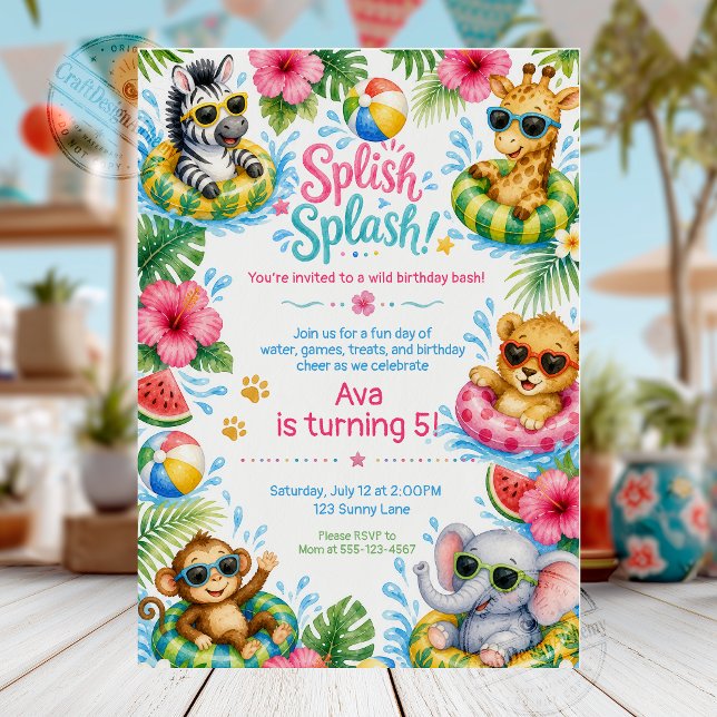 Convites Festa de Aniversário na Piscina com Animais da Sel (Criador carregado)