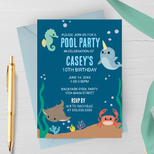 Convites Festa de Aniversário na Piscina com Animais Marinh
