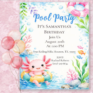 Convites Festa de Aniversário na Piscina com Axolote Adoráv