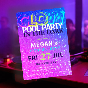 Convites Festa de aniversário na piscina com brilho neon no