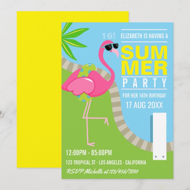 Convites Festa de Aniversário na Piscina com Flamingo Rosa  (Frente/Verso)