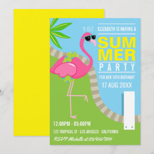 Convites Festa de Aniversário na Piscina com Flamingo Rosa 