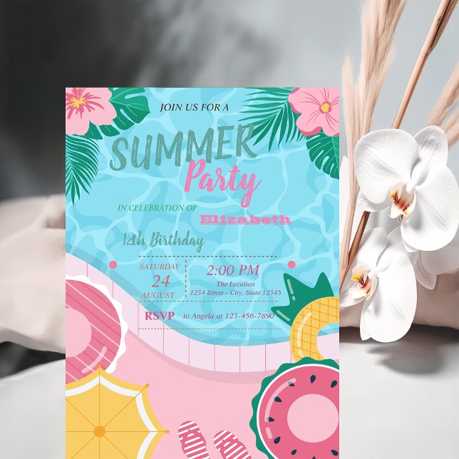 Convites Festa de Aniversário na Piscina com Flores Tropica (Criador carregado)