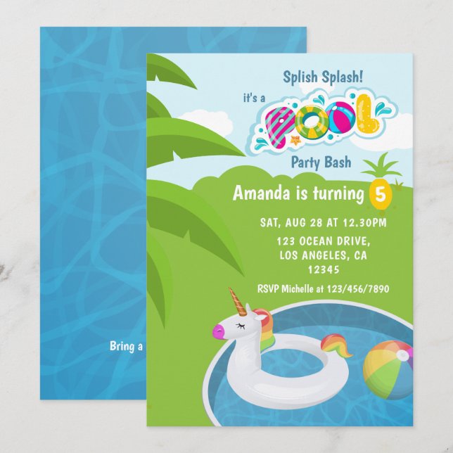 Convites Festa de Aniversário na Piscina com Flutuador de U (Frente/Verso)