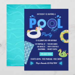 Convites Festa de Aniversário na Piscina do Unicórnio Azul