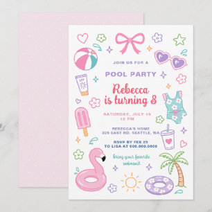 Convites Festa de Aniversário na Piscina Doodle Menina Rosa