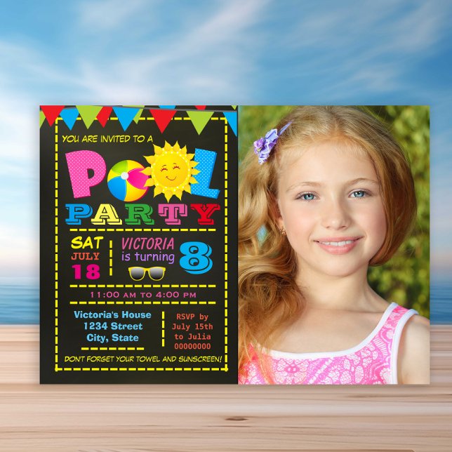 Convites Festa de Aniversário na Piscina para Meninas (Cute pool party any number birthday invitation. Simply add your details and photo.)
