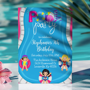 Convites Festa de Aniversário na Piscina Rosa Meninas Verão