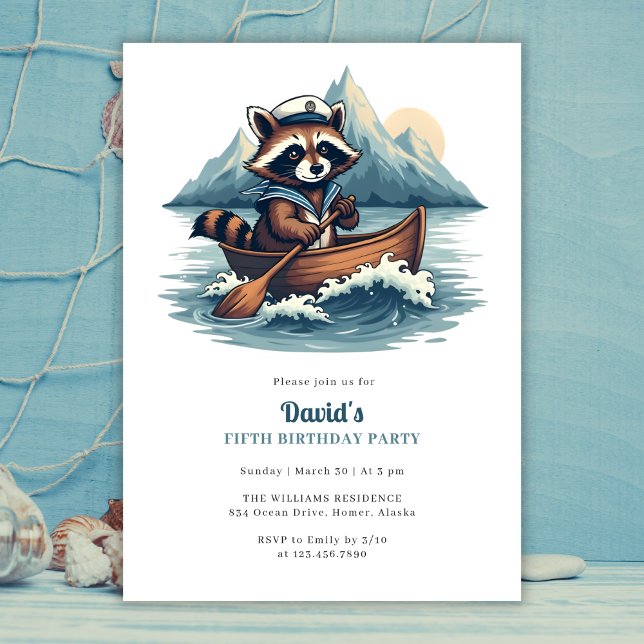 Convites Festa de aniversário Náutica Náutica Da Corrida De (Blue Nautical Cute Fishing Raccoon Birthday Party Invitation)