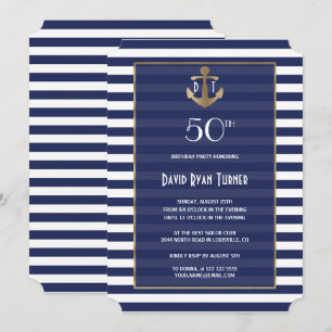 Convites Festa de Aniversário Naval Azul Marinho com Listra