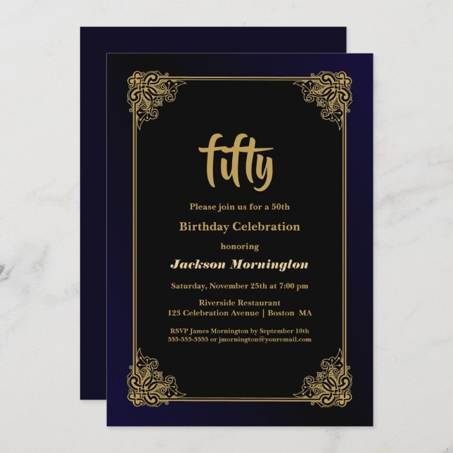 Convites Festa de aniversário negra e Dourada (Frente/Verso)