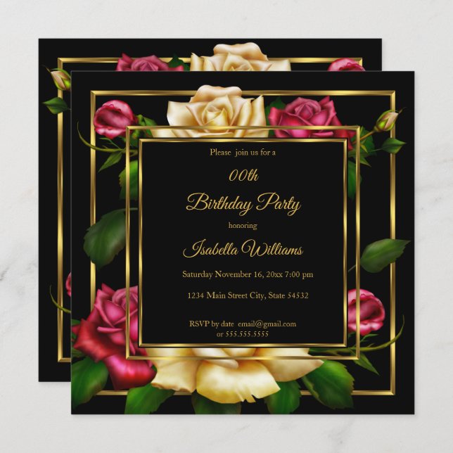 Convites Festa de aniversário negro Dourado floral Rosa (Frente/Verso)