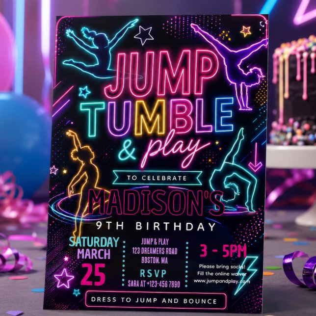 Convites Festa de Aniversário Neon Jump & Tumble (Criador carregado)