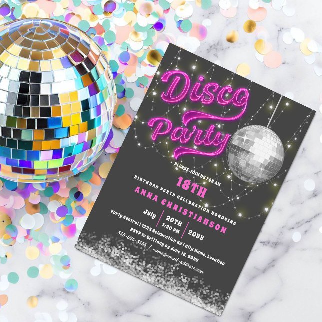 Convites Festa de aniversário Neon Pink Disco (Pink neon disco party invitation with string lights and a silver disco ball.  )