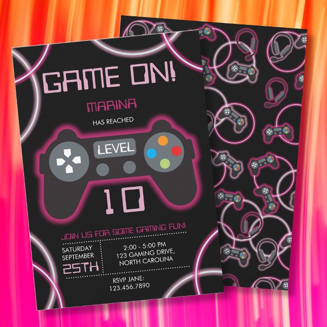 Convites Festa de aniversário Neon Pink Girl (Video Game Neon Pink Girl Birthday Party Invitation)