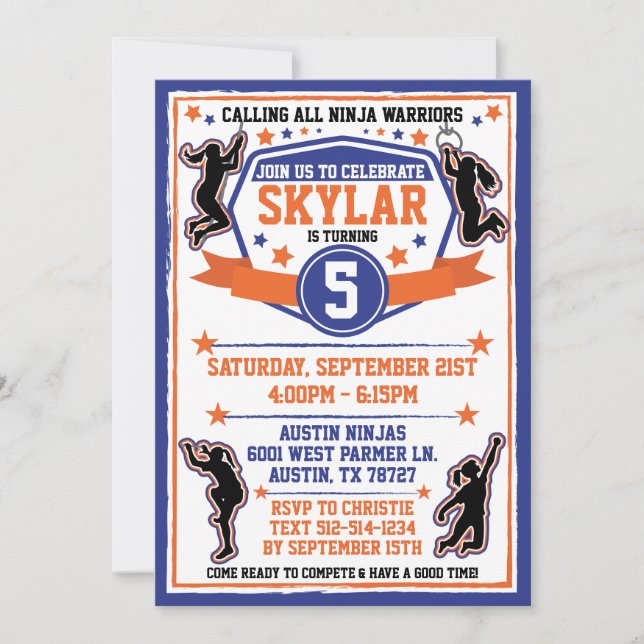 Convites Festa de Aniversário Ninja Warrior Girls Azul e La (Frente)