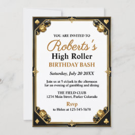 Convites Festa de Aniversário no Cassino preto e dourado No