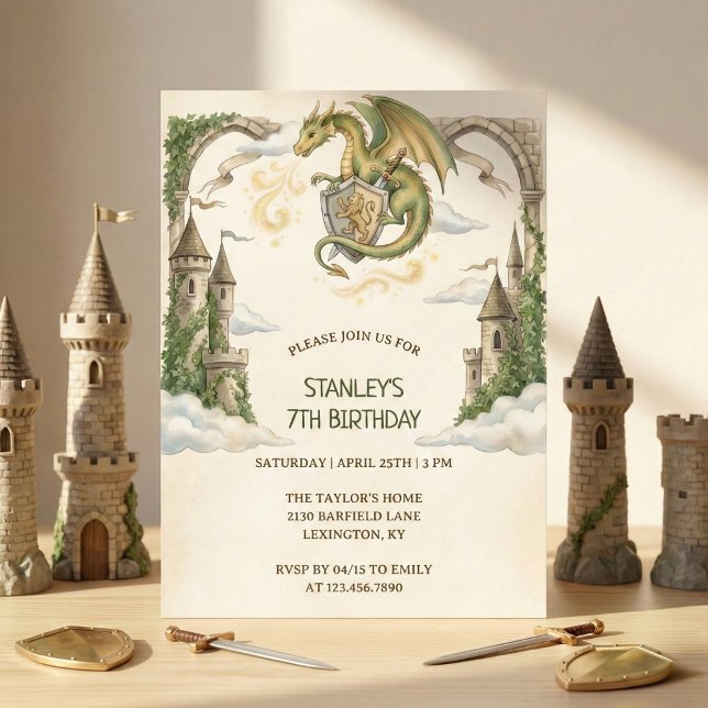 Convites Festa de Aniversário no Castelo do Dragão Medieval (Medieval Dragon Castle Birthday Party Invitation)