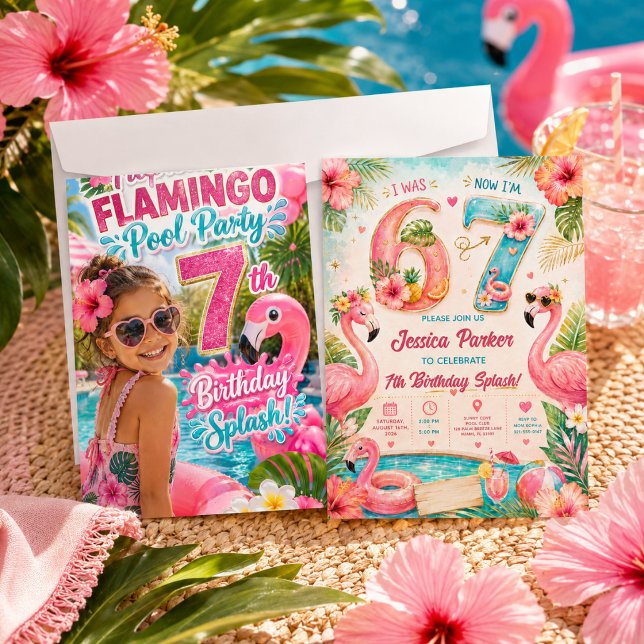 Convites Festa de Aniversário no Tropical Flamingo Pool 7º  (Tropical Flamingo Pool Party 7th Birthday Splash Invitation
)