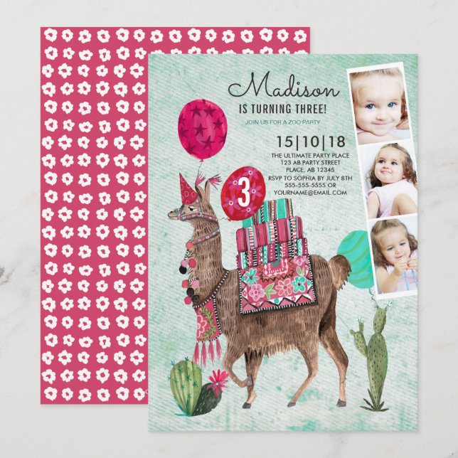 Convites Festa de Aniversário no Zoológico | Llama | Convit (Frente/Verso)