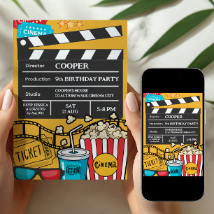 Convites Festa de Aniversário Noite de Filme Amarelo Para M