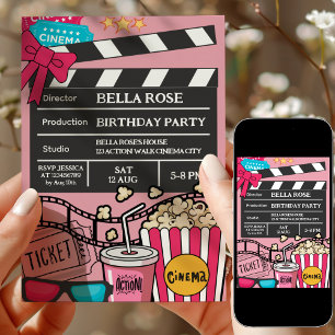 Convites Festa de Aniversário Noite de Filme Rosa Para Meni