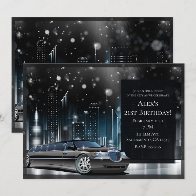 Convites Festa de Aniversário Noturna de Limusine Azul e Pr (Frente/Verso)