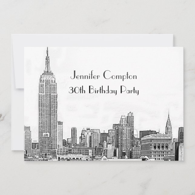 Convites Festa de Aniversário NYC Skyline 01 Gravado Branco (Frente)