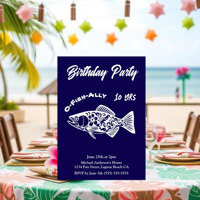 Convites Festa de aniversário-O-Peixe aliado Peixe Havaí (Aloha Trout Fisherman Trend Hawaiian Fish Beach Summer pool birthday party invitations blue)