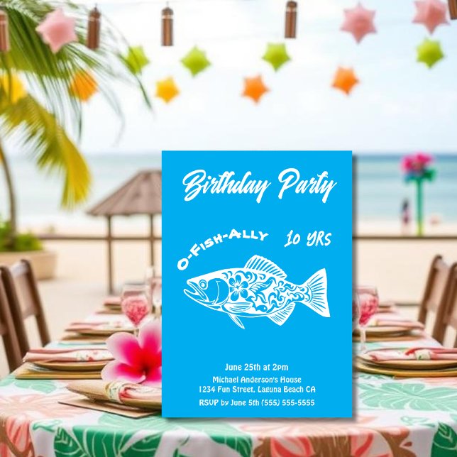 Convites Festa de aniversário-O-Peixe aliado Peixe Havaí (Aloha Trout Fisherman Trend Hawaiian Fish Beach Summer Pool Birthday Party invitation light blue)