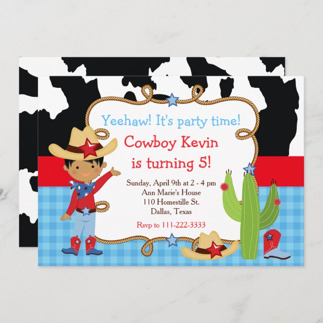 Convites Festa de aniversário Ocidental do cowboy Afro-Amer (Frente/Verso)
