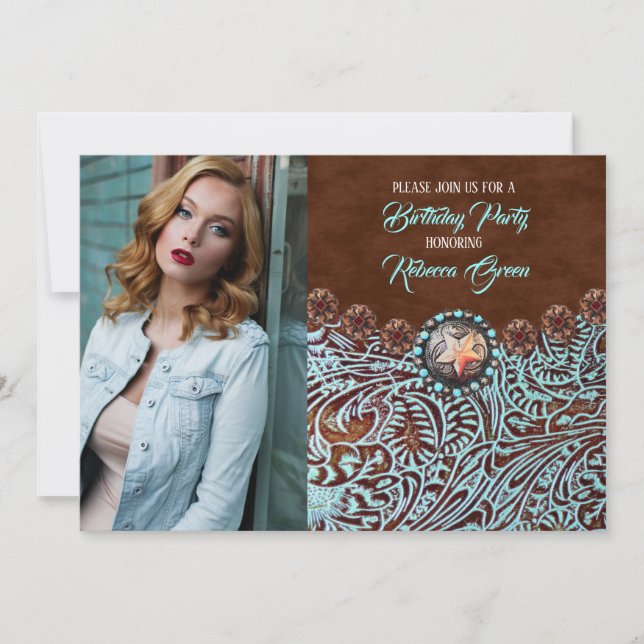 Convites festa de aniversário ocidental turquesa castanha (Frente)