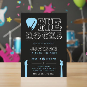Convites Festa de Aniversário One Rocks Guitar Pick Azul 1º