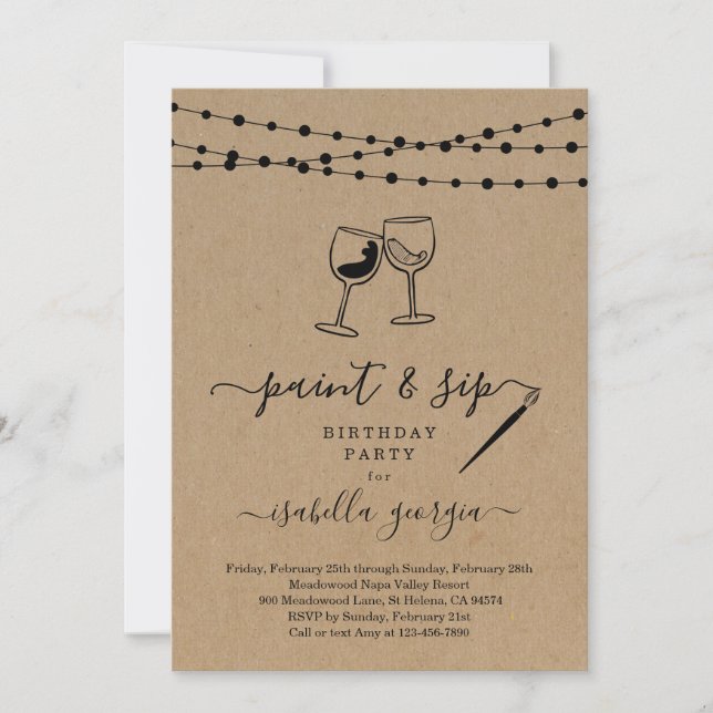 Convites Festa de Aniversário Paint & Sip, despedida de sol (Frente)