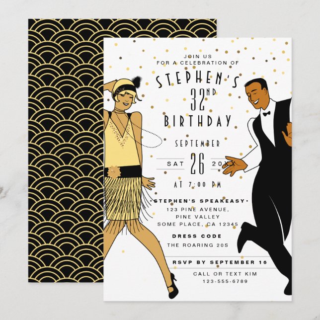 Convites Festa de Aniversário para QUALQUER IDADE Art Déco/ (Frente/Verso)