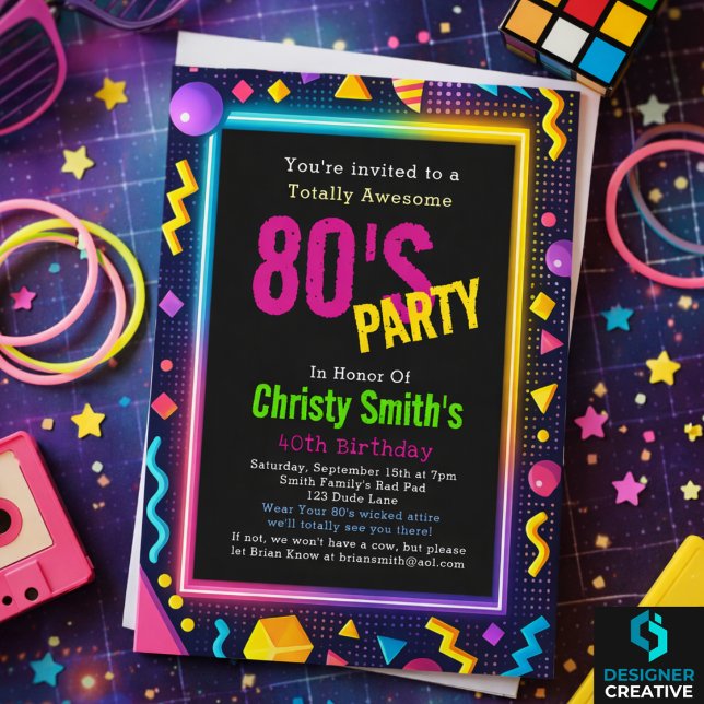 Convites Festa de Aniversário Personalizada com Neon Retro  (Custom Retro Neon 80's Birthday Party Invitation
)