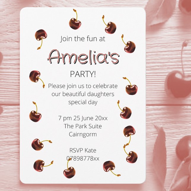 Convites Festa de aniversário Personalizada de Cereja Doce (Cherry coded party invites.)