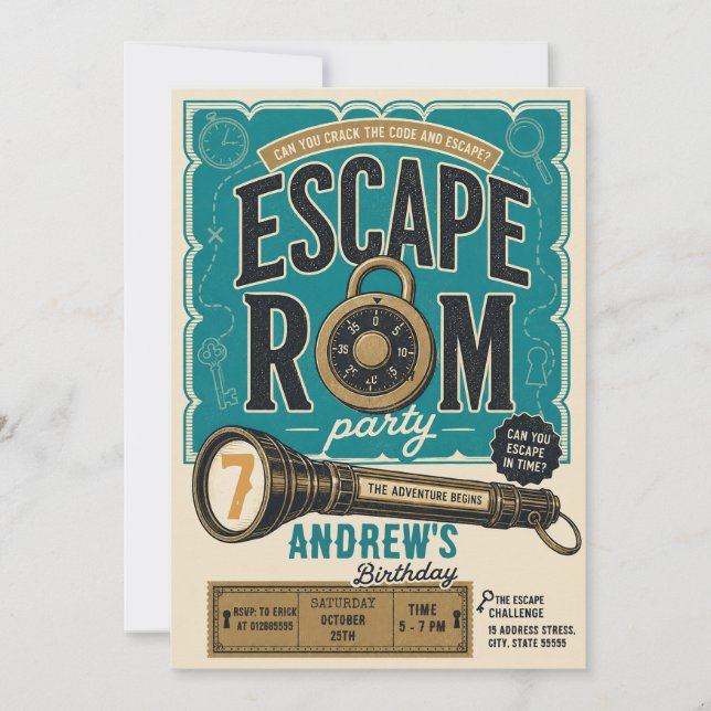 Convites Festa de aniversário personalizada de Escape Room  (Frente)