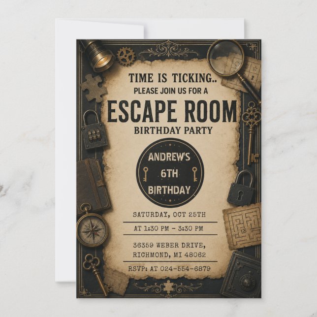 Convites Festa de aniversário personalizada de Escape Room (Frente)